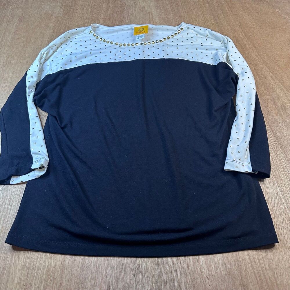 Ruby Rd Black Cream Colorblock Top Women's Medium Gold Stud 3/4 Sleeve‎